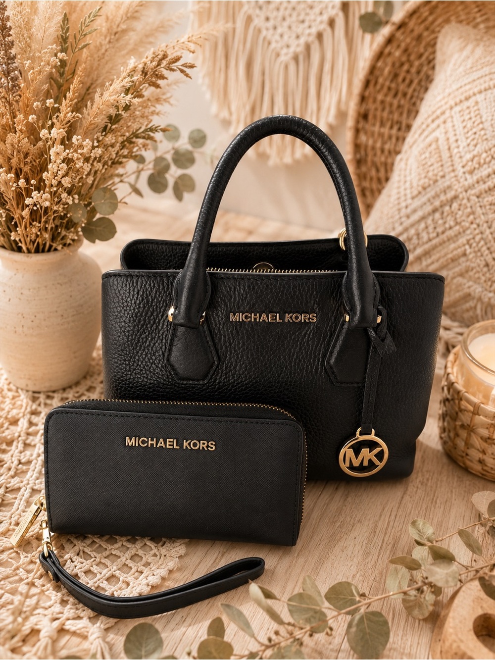 Michael Kors Black Pebbled Leather Satchel with Wallet